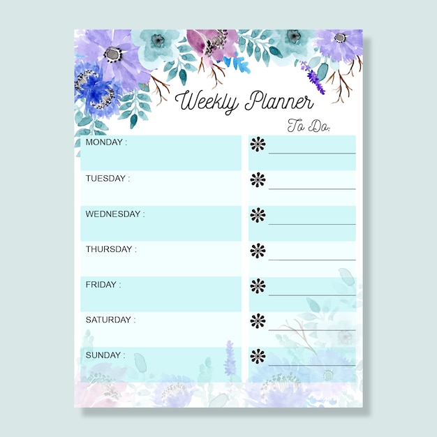 weekly planner with floral watercolor soft blue