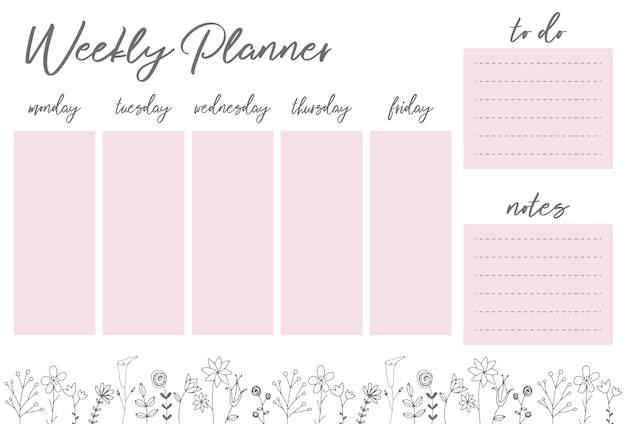 Weekly planner with flowers, stationery organizer for daily plans, floral vector weekly planner template, schedules