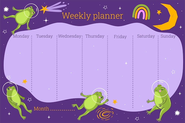 Weekly planner with frogs in space Vector graphics