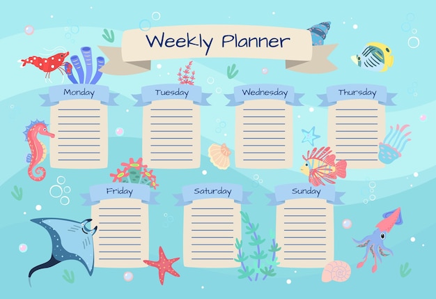 Weekly planner with oceanic underwater animals