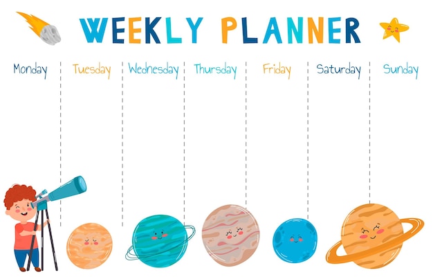 A weekly planner with planets and the sun on the top.