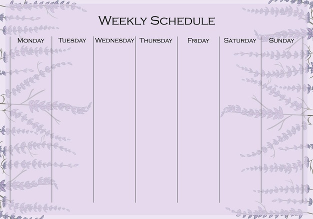 Weekly schedule page on pastel lavender background Event planner template days of the week planning dairy project priorities notes appointments Time management concept Vector illustration