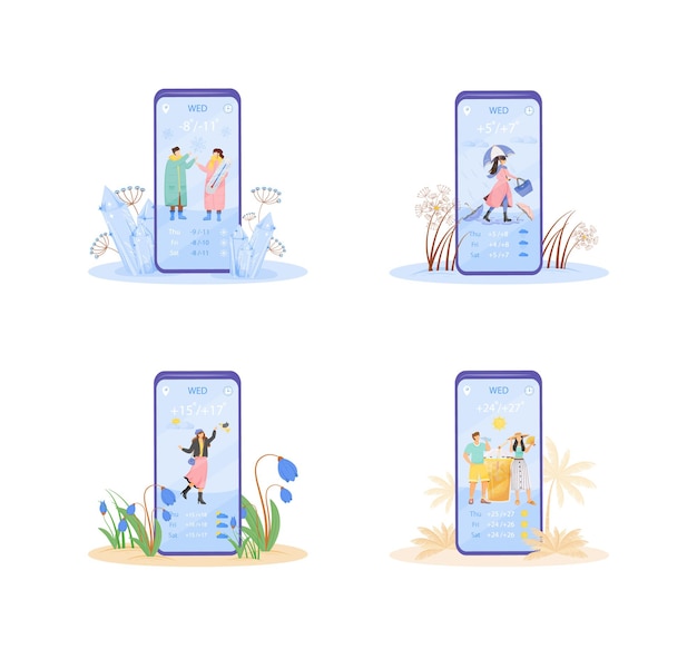 Weekly weather forecast cartoon smartphone app screen set. Mobile phone display with flat character design . Daily temperature notification application telephone interface