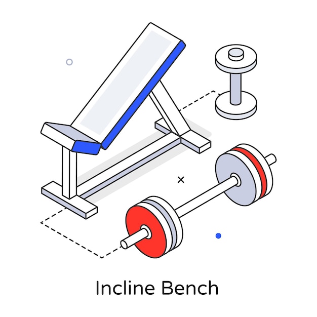 A weight bench is shown with a barbell and dumbbells.