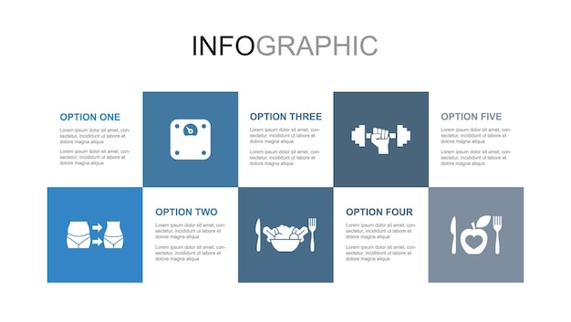 Weight loss body scale healthy food gym diet icons Infographic design layout template Creative presentation concept with 5 steps