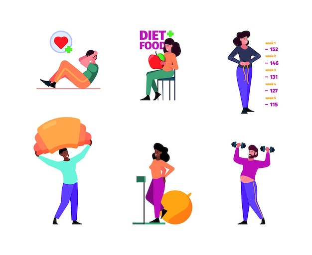 Weight loss Concept scenes with characters fat woman eating healthy food and making sport exercises running jumping garish vector colored pictures