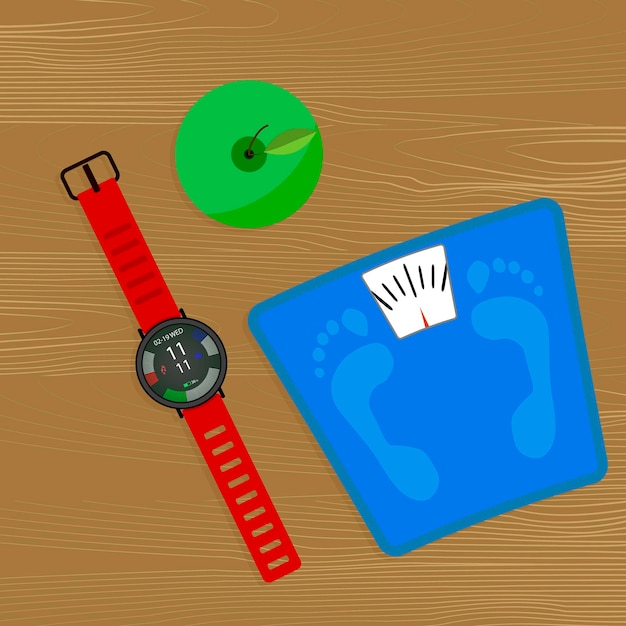 Weight loss concept smartwatch and scale Vector