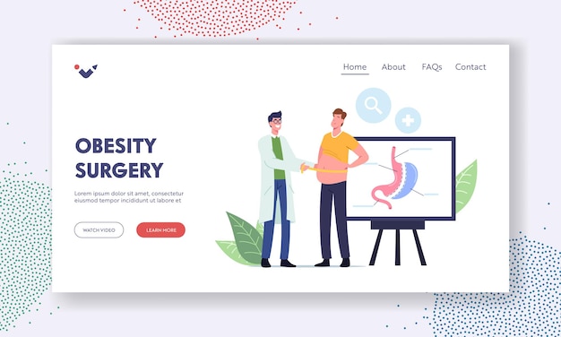 Weight Loss Landing Page Template. Surgeon Doctor Male Character Measuring Waist of Fat Man Prepare Patient for Bariatric Surgery Gastrectomy Procedure in Clinic. Cartoon People Vector Illustration