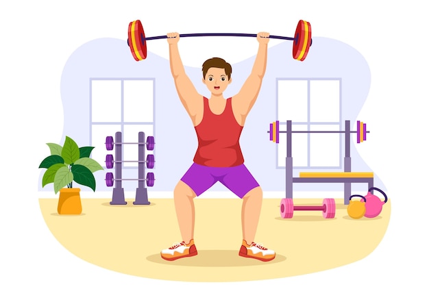 Weightlifting Sport Illustration with Athlete Lifts a Heavy Barbell and Bodybuilder Training