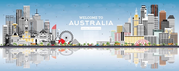 Welcome to Australia Skyline with Gray Buildings, Blue Sky and Reflections. Vector Illustration. Tourism Concept with Architecture. Australia Cityscape with Landmarks. Sydney. Melbourne.