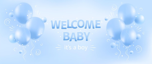 Welcome baby Baby shower invitation with helium balloons on blue background It's a boy