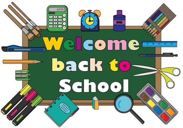 Welcome back to school Classroom supplies Notepad bright Hand drawn cartoon style