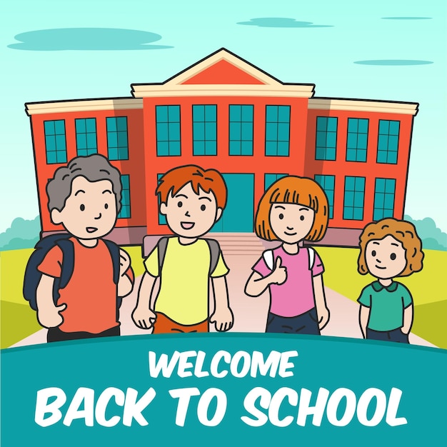 Welcome back to school illustration banner with cartoon character design premium vector perfect for your design needs