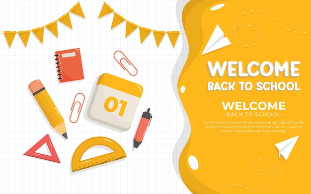 Welcome Back To School Landscape Banner With School Supplies Elements