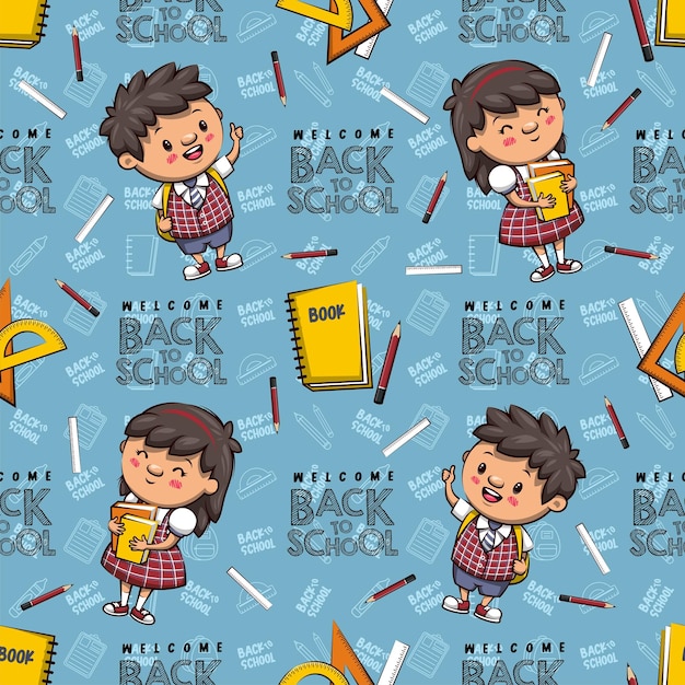 Welcome Back To School Seamless Pattern. Cute Kids Cartoon Illstration