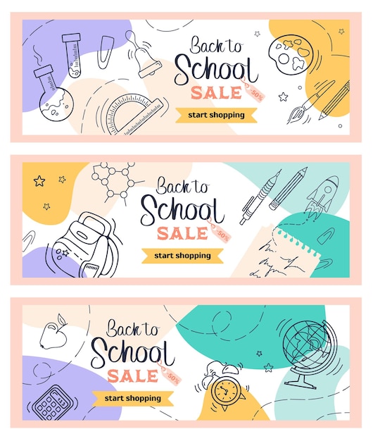 Welcome Back to school Set bright horizontal modern banner in sketch style and pastel colors Learning attributes globe alarm clock backpack notebook For advertising banner website sale flyer