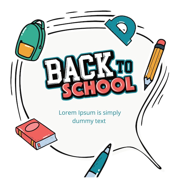 Welcome Back to school square banner doodle on checkered white background vector illustration