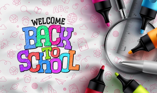 Welcome back to school vector design Back to school in colorful text with color pen art elements