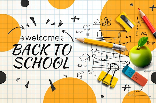 Welcome back to school web banner doodle on checkered paper background vector illustration