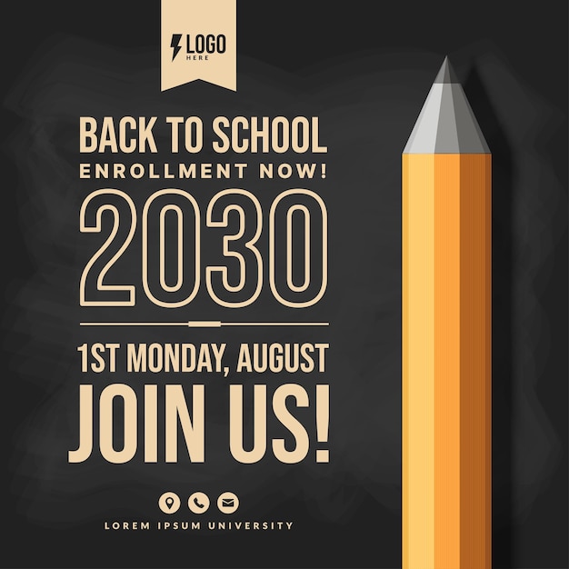 Welcome back to school with realistic pencil on black board background for invitation poster