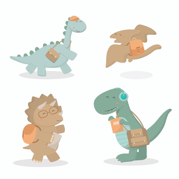 Welcome back to the semester dinosaurs carrying a school bag are going to school.