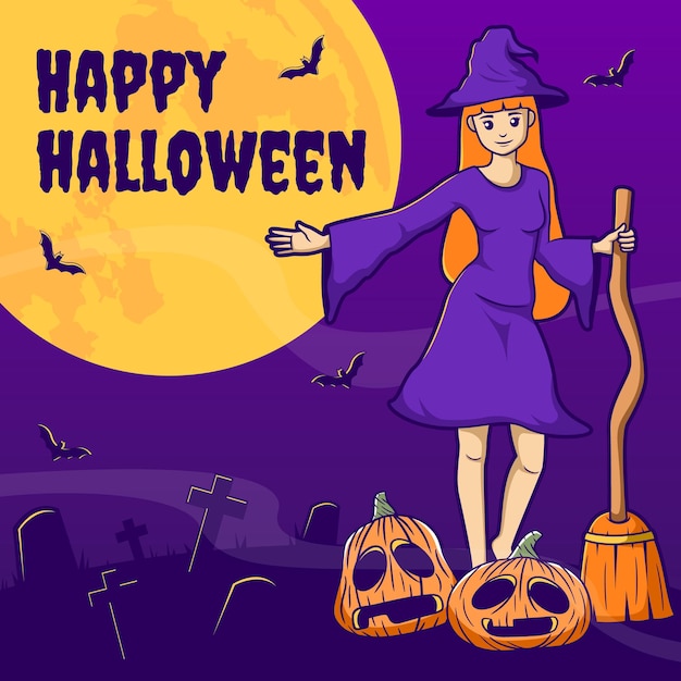 Welcome banner halloween cute witch cartoon illustration