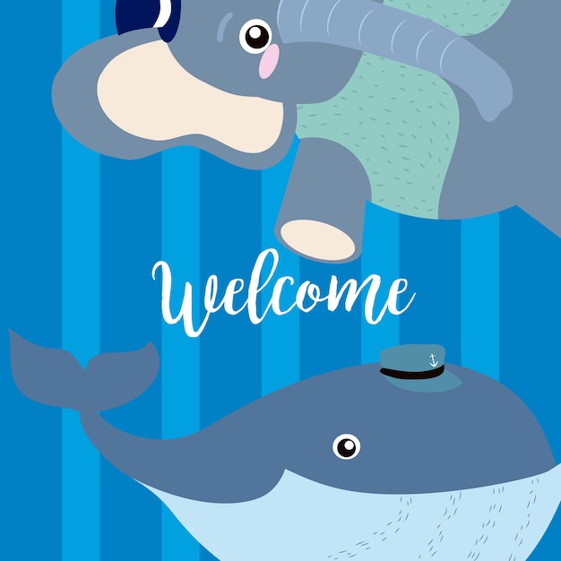 Welcome card with funny animals cartoons 