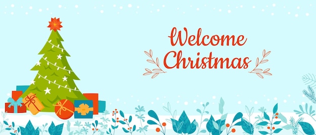 Welcome Christmas banner tree and gift New Year holiday postcard winter greeting template design