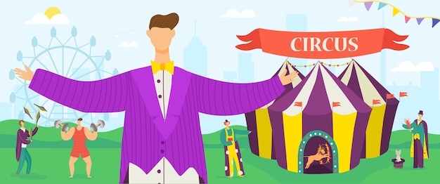 Welcome to circus carnival entertainment show horizontal banners of animals show and performance with acrobats and magician vector illustration