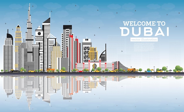 Welcome to Dubai UAE Skyline with Gray Buildings, Blue Sky and Reflections. Vector Illustration. Travel and Tourism Concept with Modern Architecture. Dubai Cityscape with Landmarks.