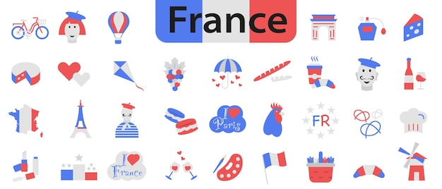 Vector welcome to france sights of france in the colors of the french flag vector icons about france