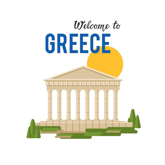 Welcome to Greece vector banner illustration with traditional Greek architecture