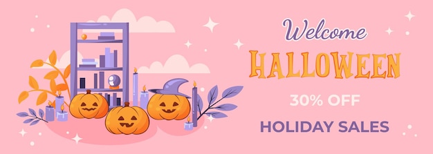 Welcome Halloween holiday sales banner. Sale flyer with Halloween pumpkin, magic books and candles