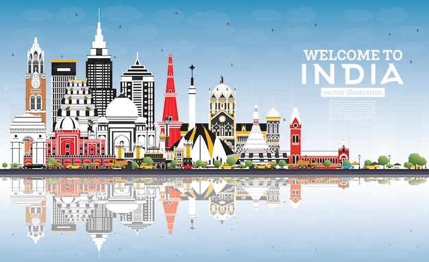 Welcome to India City Skyline with Color Buildings, Blue Sky and Reflections. Delhi. Mumbai, Bangalore, Chennai. Vector Illustration. Historic Architecture. India Cityscape with Landmarks.