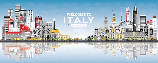 Welcome to Italy City Skyline with Gray Buildings, Blue Sky and Reflections. Famous Landmarks in Italy. Vector Illustration. Tourism Concept with Historic Architecture. Italy Cityscape with Landmarks.