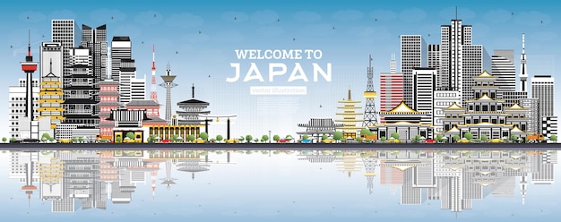 Welcome to Japan Skyline with Gray Buildings and Blue Sky. Vector Illustration. Tourism Concept with Historic Architecture. Cityscape with Landmarks. Tokyo. Osaka. Nagoya. Kyoto. Nagano. Kawasaki.