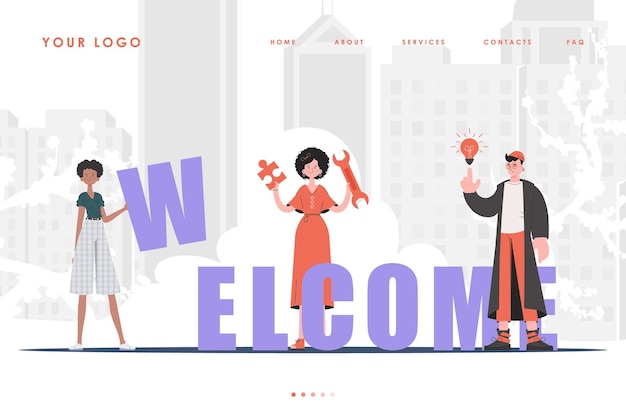 Welcome Landing Page Diverse Team of People Home page for your website Trendy character style Vector