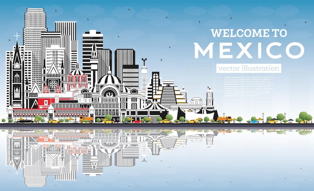 Welcome to Mexico City Skyline with Gray Buildings Blue Sky and Reflections