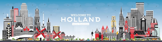 Welcome to Netherlands Skyline with Gray Buildings and Blue Sky Vector Illustration