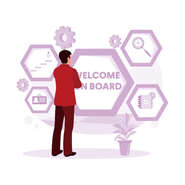 Welcome onboard New Employee Process Orientation Management Introduce An Idea concept