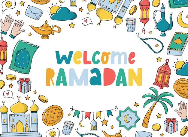 Welcome Ramadan muslim greeting card with doodles