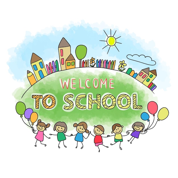 Welcome to school handwritten quotes cartoon kids joyful with balloons cute city