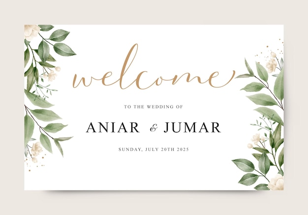 Vector welcome sign template for wedding with flowers and green leaves