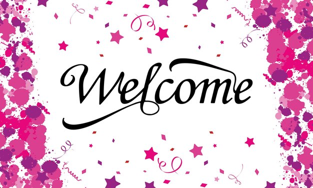 Welcome sign. Welcome calligraphic text with colorful detailed ink splats.