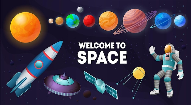 Welcome to space colorful composition of planets sun solar station satellite spacecrafts astronaut set   illustration