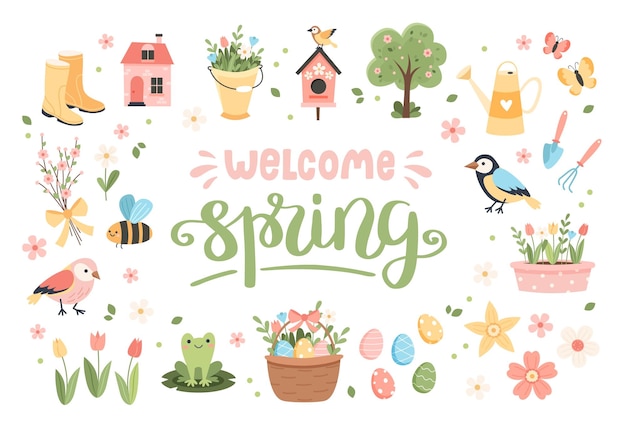 Welcome spring elements collection lettering with cute birds bees flowers butterflies Easter eggs