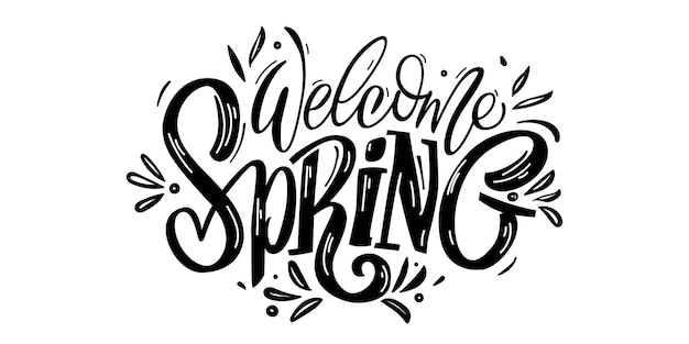 Welcome Spring Handdrawn Vector Calligraphic Letter Ink illustration cartoon brush with Spring text Word for calendar bullet journal monthly organizer Isolated on white background