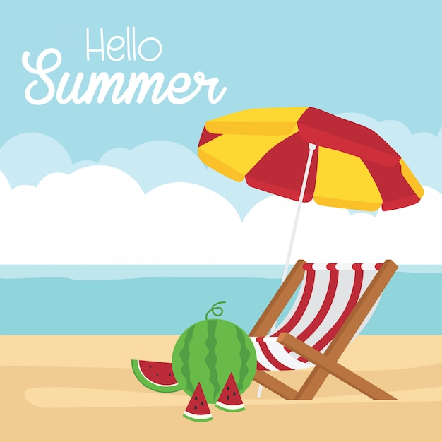 welcome summer card holiday with watermelon and sun loungers