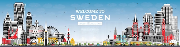 Welcome to Sweden Outline City Skyline with Blue Buildings and Reflections