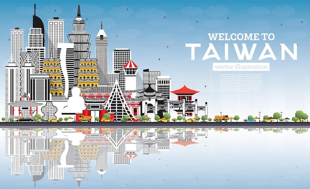 Welcome to Taiwan City Skyline with Gray Buildings Blue Sky and Reflections